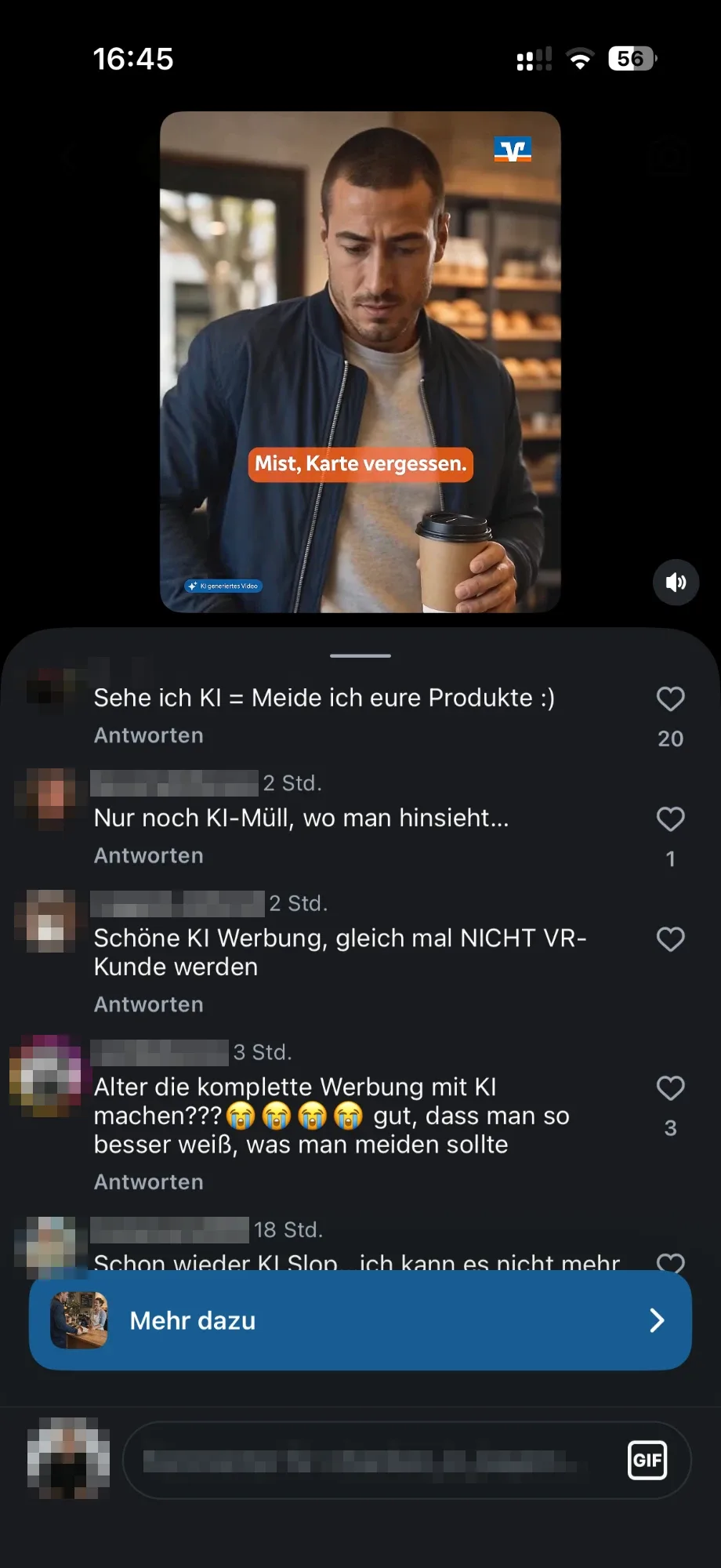 Instagram-Werbeanzeige einer bayerischen Bank mit KI-generiertem Video und durchweg negativen Kommentaren zur KI-Nutzung (Profile anonymisiert)
