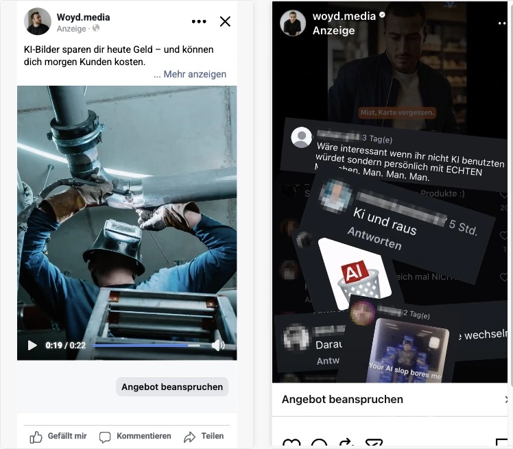 Zwei laufende Anzeigen von woyd.media in der Vorschau von Facebook und Instagram