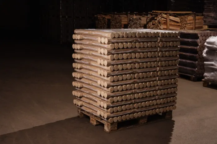 Palette mit Holzbriketts in der Lagerhalle