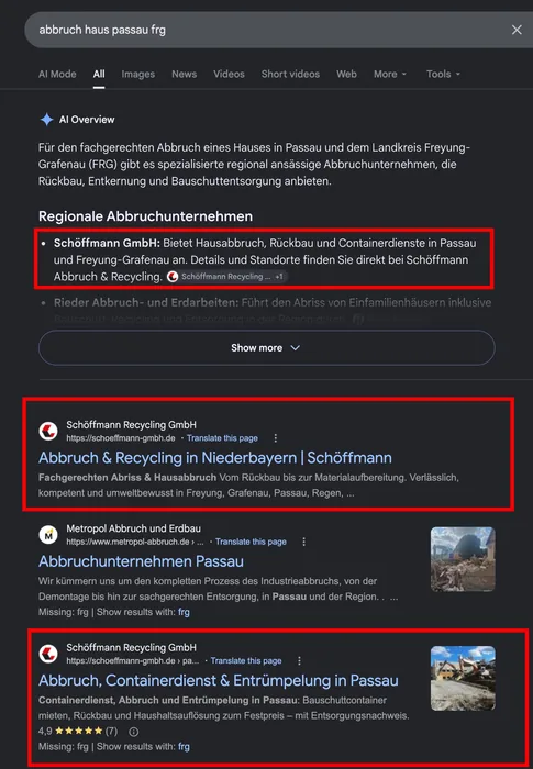 Google-KI-Antwort zur Suche „abbruch haus passau frg" mit der Schöffmann Recycling GmbH