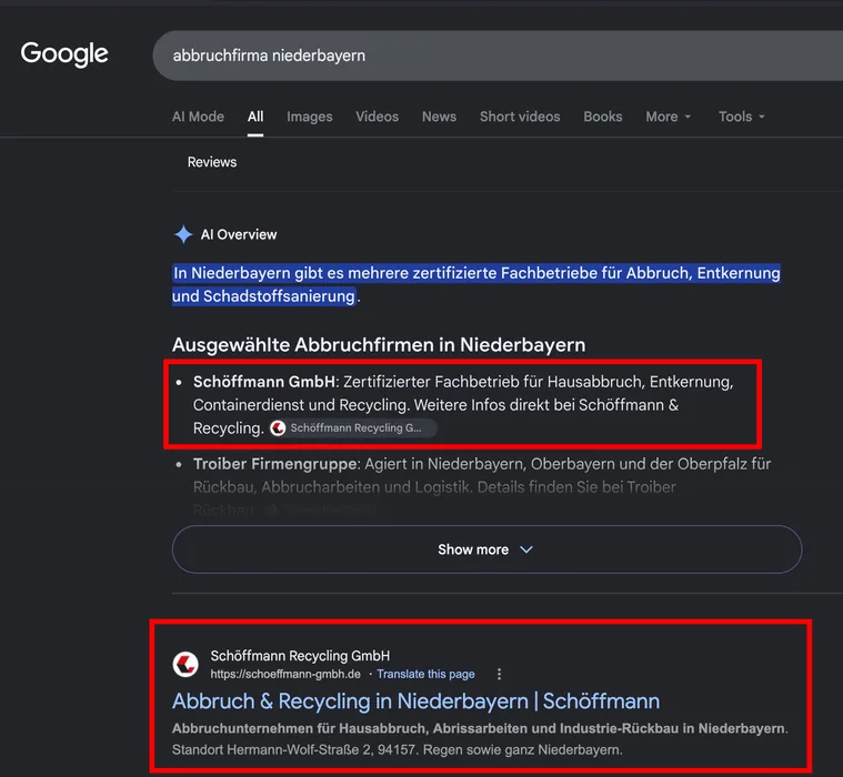 Google-KI-Antwort zur Suche nach einer Abbruchfirma in Niederbayern mit Nennung der Schöffmann Recycling GmbH