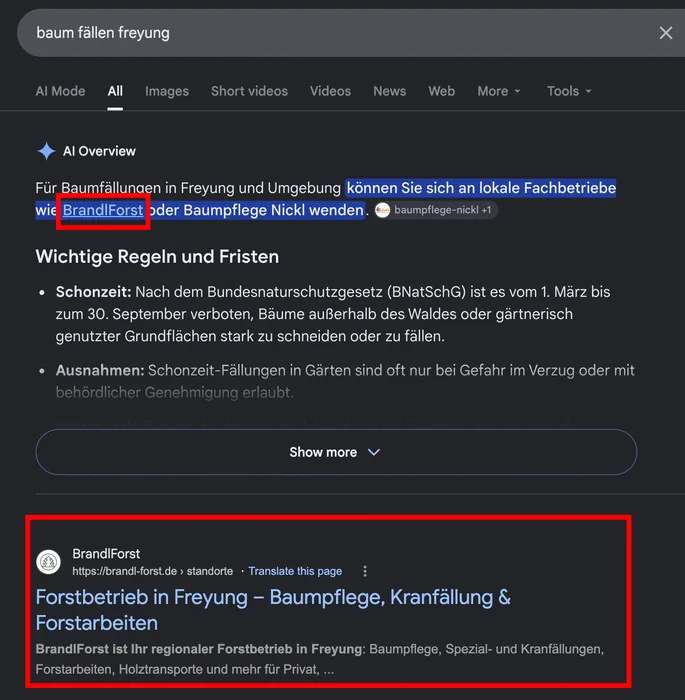 Google-KI-Antwort zur Suche „baum fällen freyung" mit BrandlForst als empfohlenem Fachbetrieb