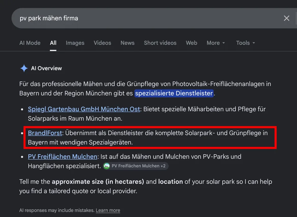 Google-KI-Antwort zur Suche nach einer Firma für PV-Park-Mähen mit Nennung von BrandlForst
