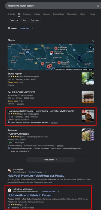 Lokale Google-Suche nach Holzbriketts in Passau mit Holzwärme Mitterbauer im Ergebnis