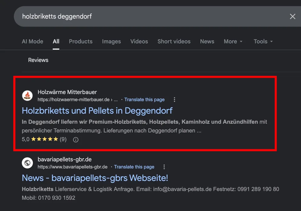 Erstes Google-Ergebnis für „holzbriketts deggendorf" mit Holzwärme Mitterbauer und 5,0 Sternen
